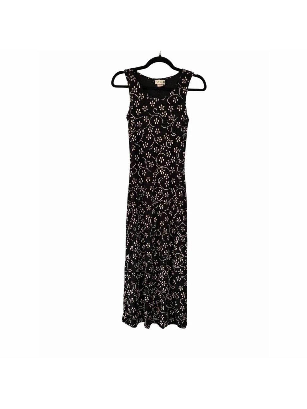 Vintage Green Box Womens Maxi Dress Size S Black Floral Swirl Sleeveless Scoop